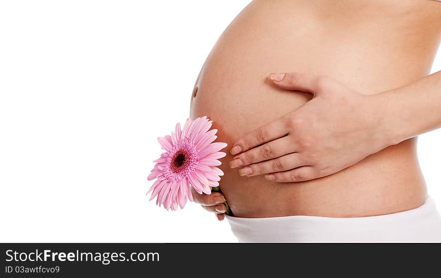 Pregnant woman with pink flower. Pregnant woman with pink flower