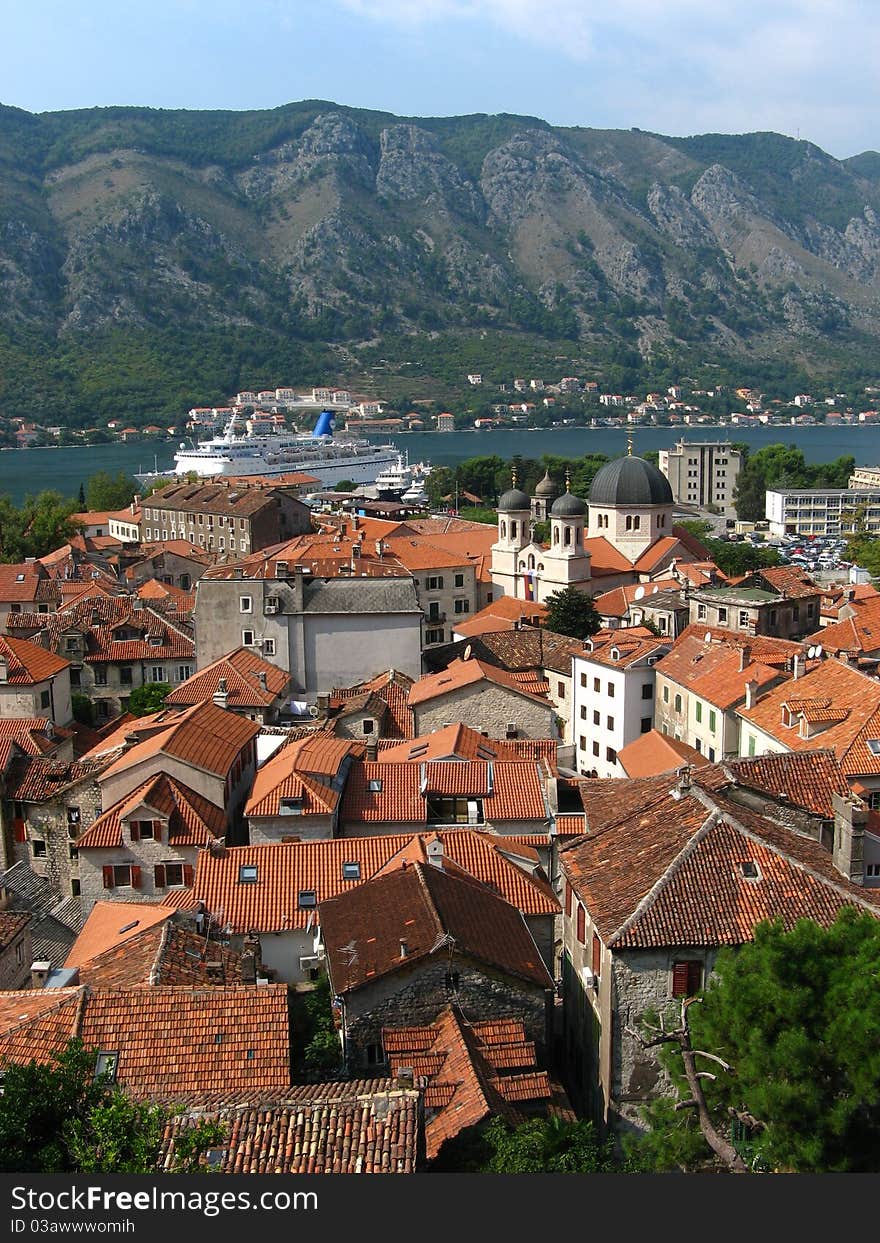 Kotor Harbour View with City Roofs. Kotor Harbour View with City Roofs