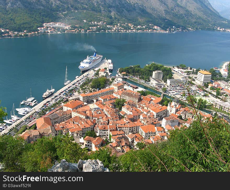 Kotor Harbour View with City Roofs. Kotor Harbour View with City Roofs