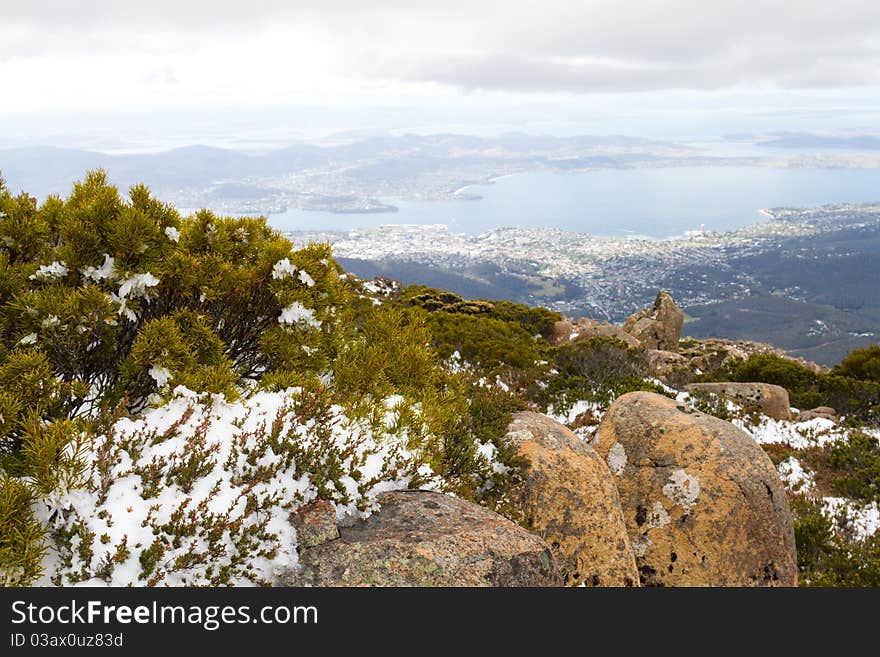 A view of the city of Hobart from atop Mount Wellington, Tasmania.