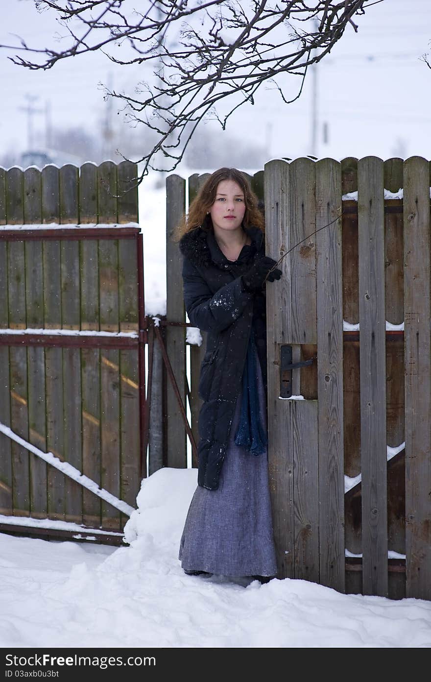 Beautiful young girl in long dress and coat near wooden fence in winter. Beautiful young girl in long dress and coat near wooden fence in winter