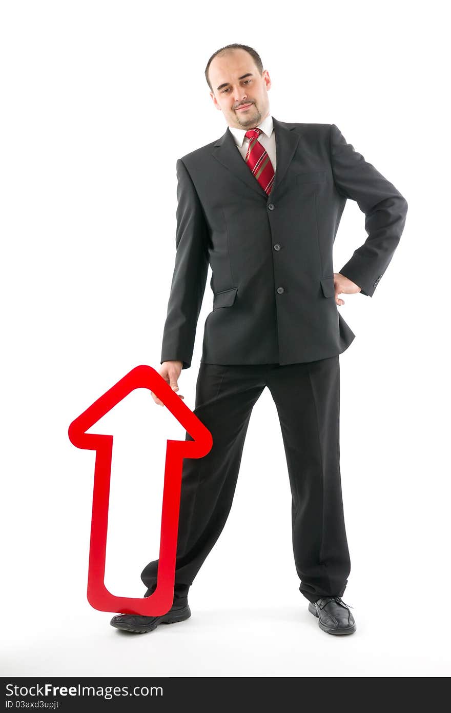 Successful businessman with red arrow suggestive of mountain, on white background. Successful businessman with red arrow suggestive of mountain, on white background.