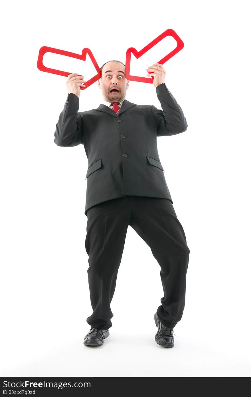 Scare businessman which go bankrupt,two reds arrow keys retaining near head, on white background. Scare businessman which go bankrupt,two reds arrow keys retaining near head, on white background.