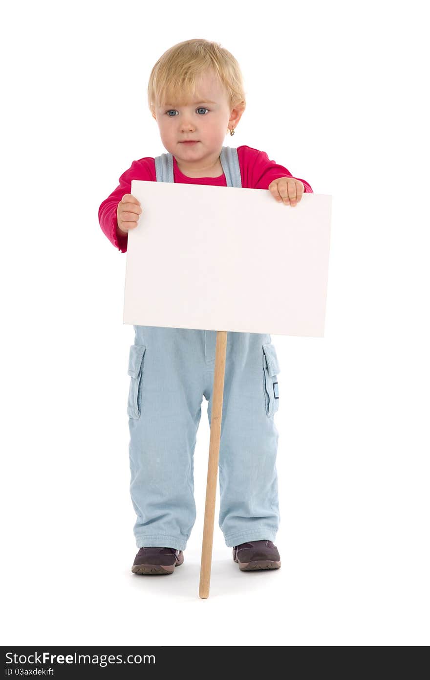 Child with blank table waiting for your sign, on white background.