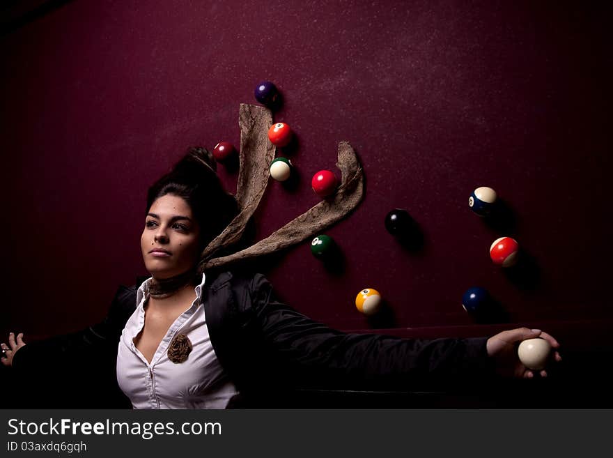 Girl on a snooker table