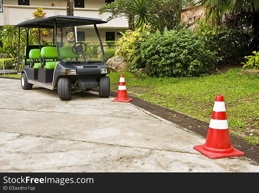 Golf cart in golf club.