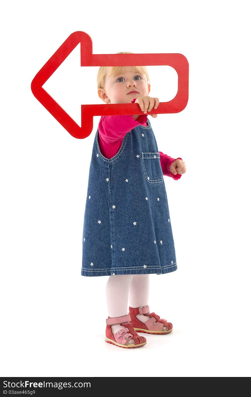 Child with red dart, on white background.