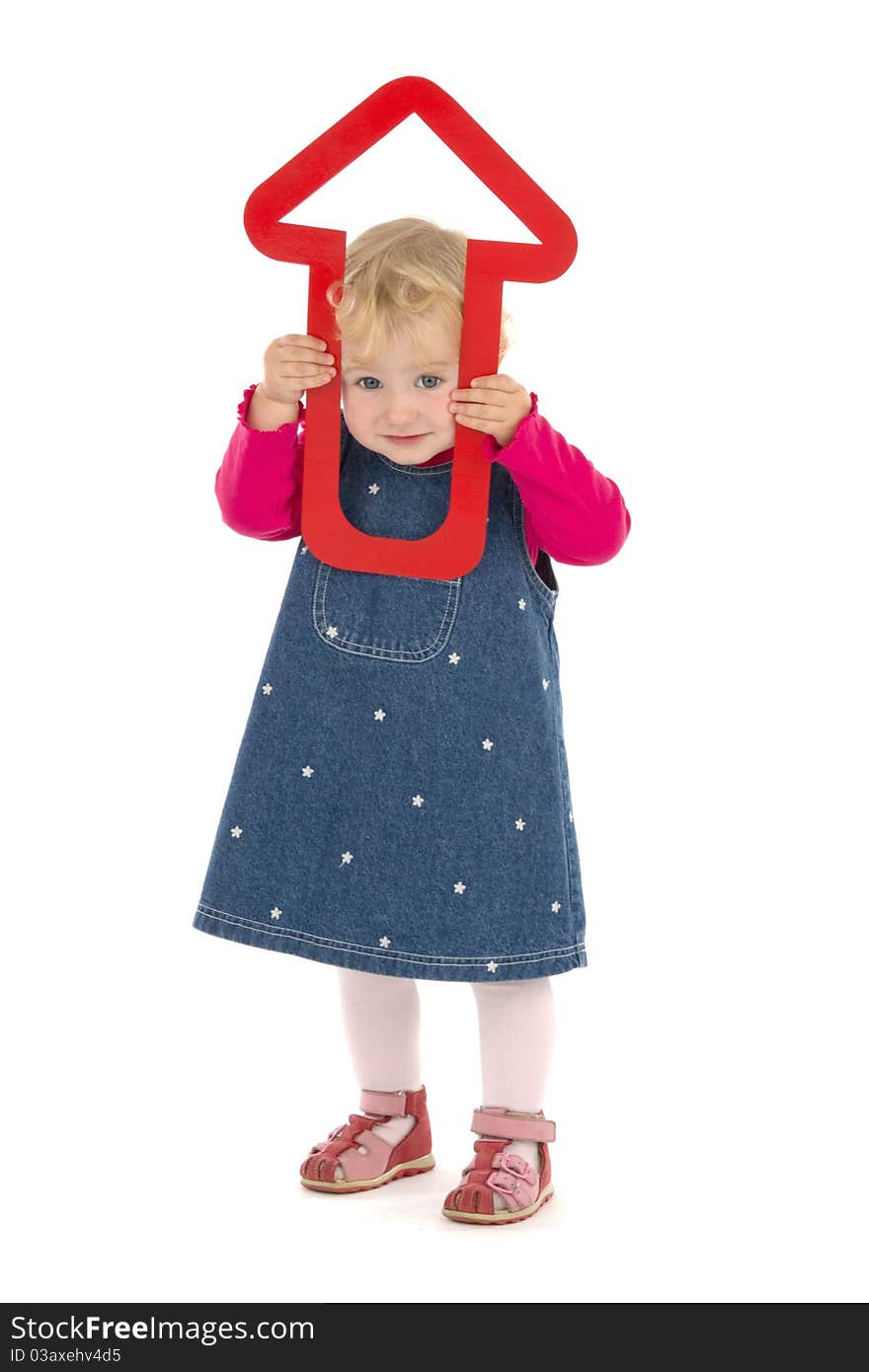 Little girl with red arrow, on white background.