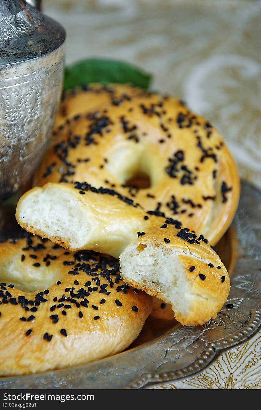 Fresh baked bagel with nigella