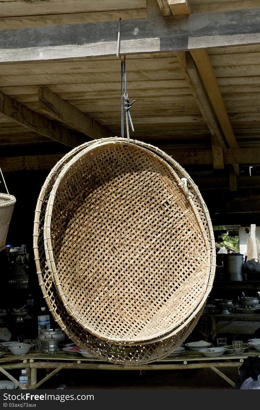 A winnowing baskets hanging under countryside house in Thailand. A winnowing baskets hanging under countryside house in Thailand.