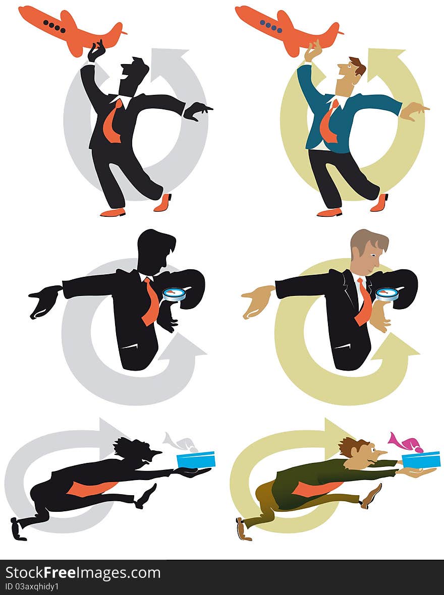 Silhouettes of men in business suits. Caricatured vision of their professional activities. Silhouettes of men in business suits. Caricatured vision of their professional activities.