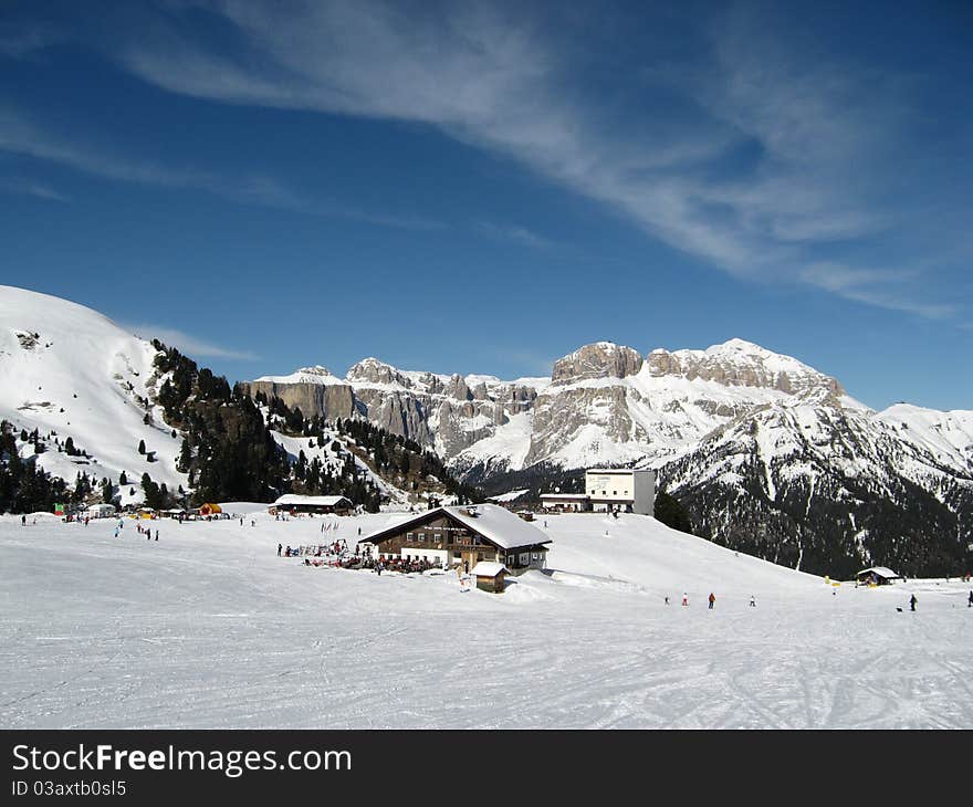 View of winter ski slopes and mountains in Val di Fassa (Italy). View of winter ski slopes and mountains in Val di Fassa (Italy)