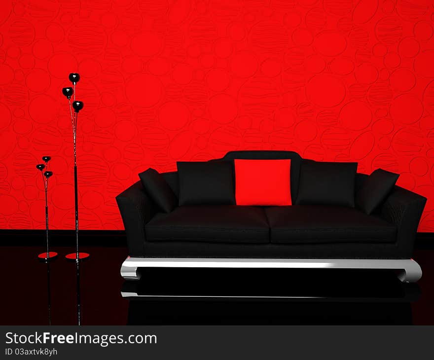 Modern  interior with a black sofa