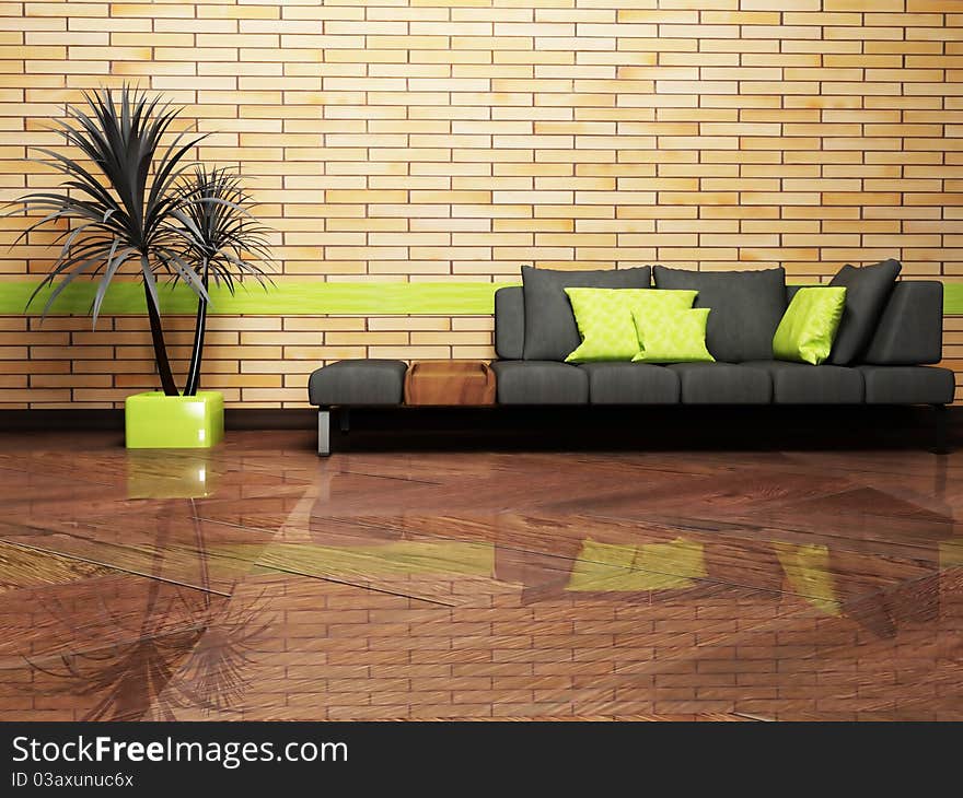 Modern interior design of living room with a sofa and a plant