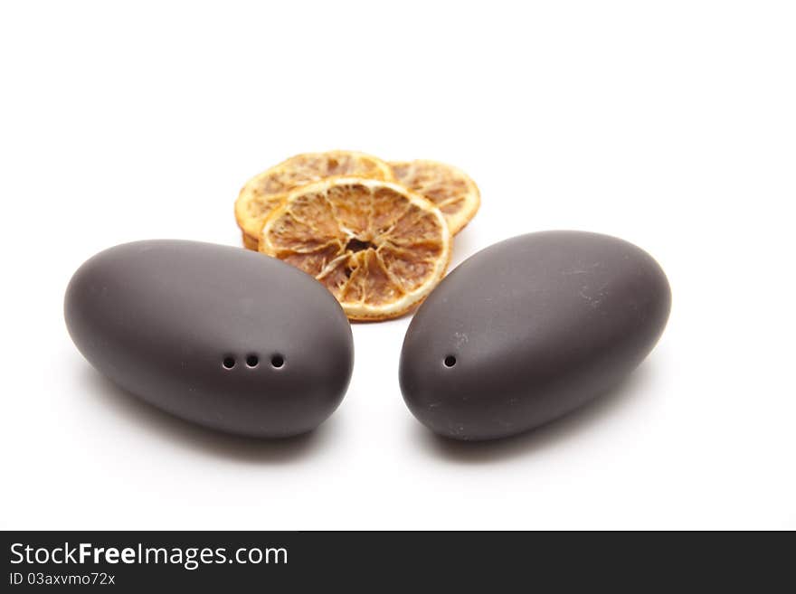 Salt and pepper shaker from ceramics with lemon. Salt and pepper shaker from ceramics with lemon