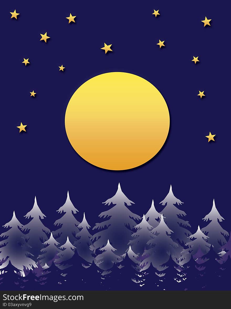 Golden moon hanging over pine forest illustration. Golden moon hanging over pine forest illustration