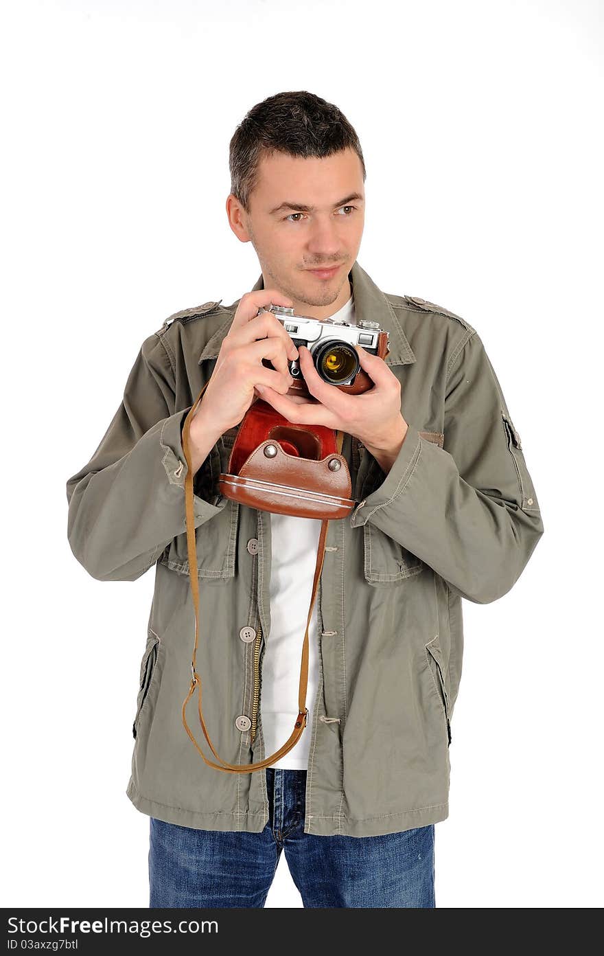 Young professional photographer with old retro film camera. isolated on white background. Young professional photographer with old retro film camera. isolated on white background