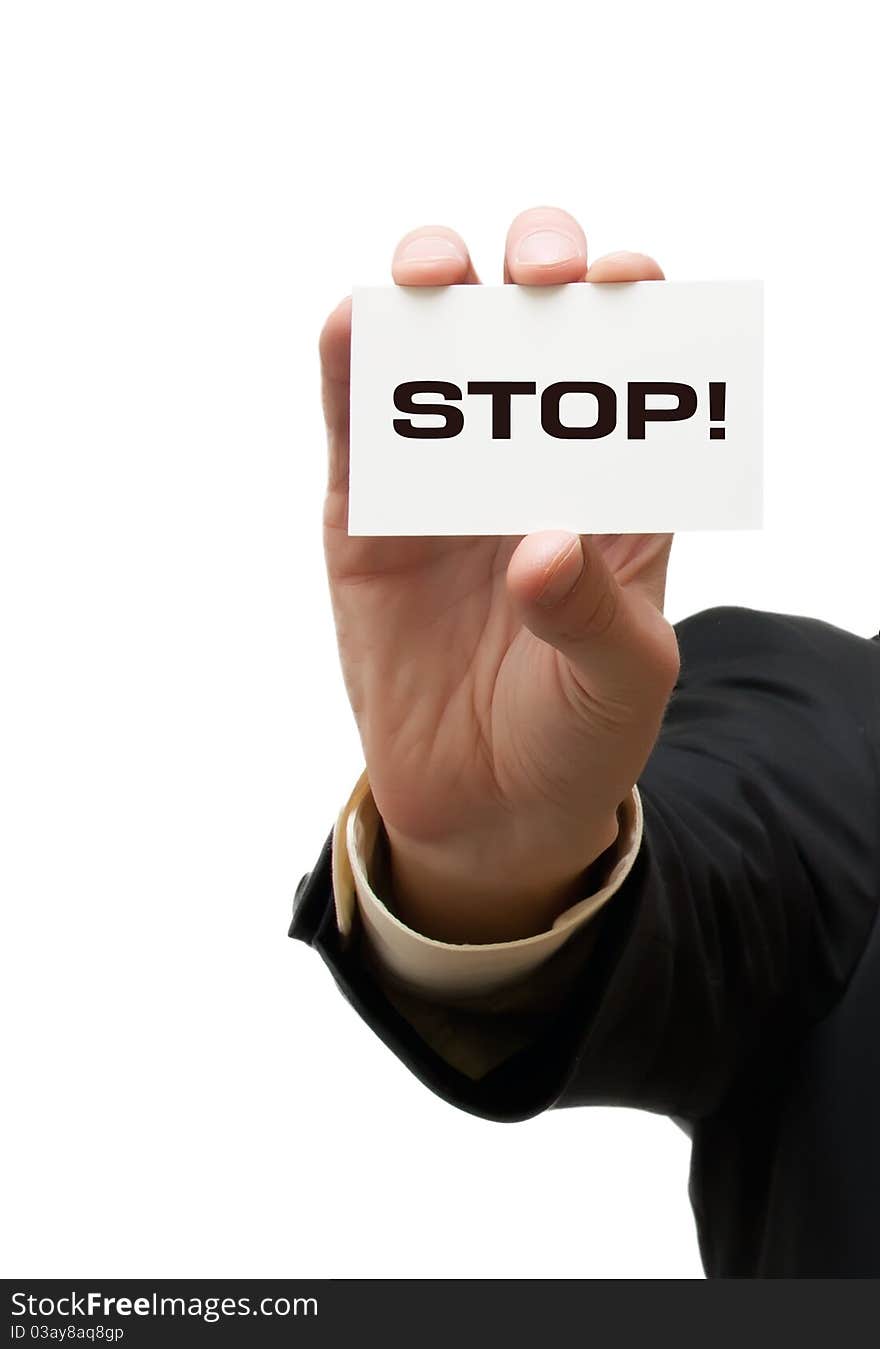 Business man handing a blank business card over white background