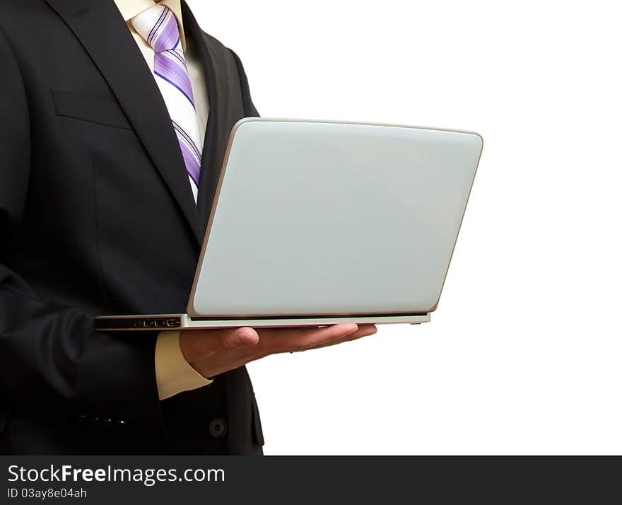 Businessman with hands laptop on a white background