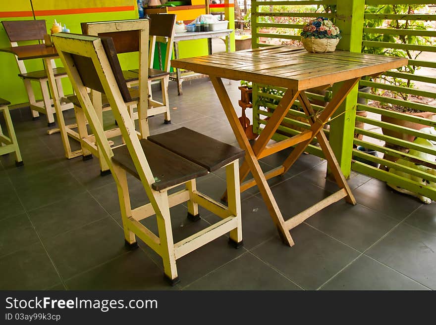 Wooden group of table and chiar for eat in dining room from top