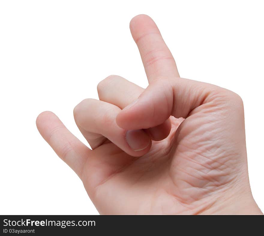 A man's hand giving the Rock and Roll sign on a white background. A man's hand giving the Rock and Roll sign on a white background