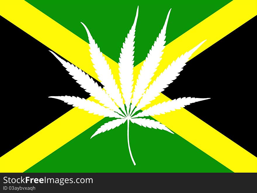 Jamaican national flag with overlay of marijuana leaf symbolizing rastafarian culture. Jamaican national flag with overlay of marijuana leaf symbolizing rastafarian culture