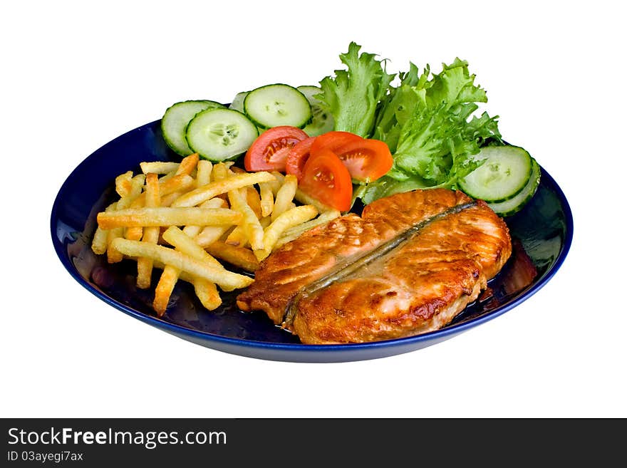 Photo from fried salmon with fries and salad. Photo from fried salmon with fries and salad.