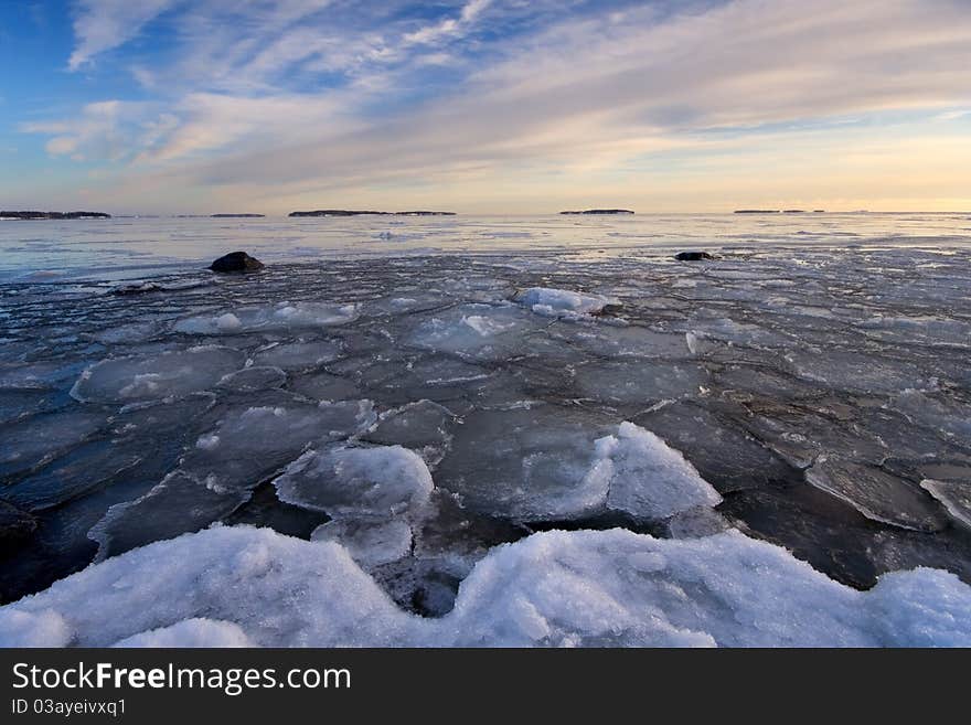 Photographed in sunset time in icy beach in Helsinki, Finland. Photographed in sunset time in icy beach in Helsinki, Finland.