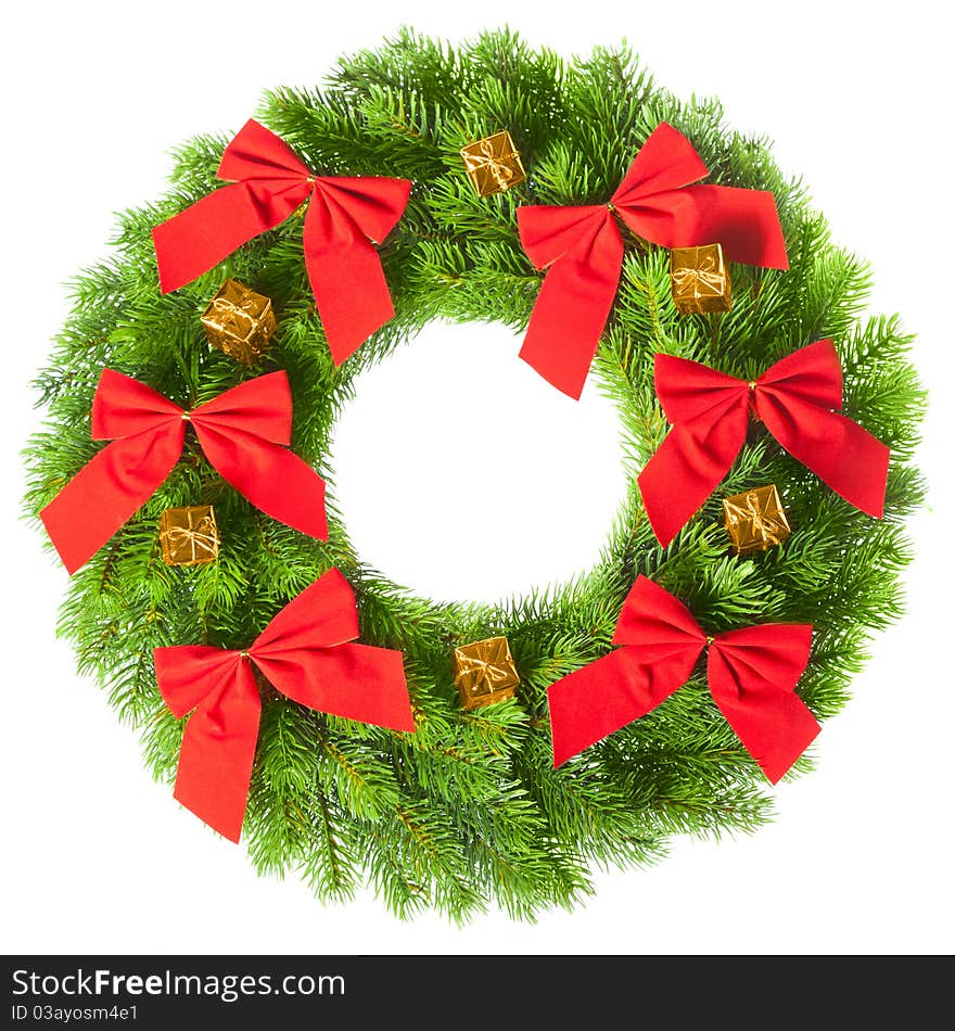 Green round Christmas wreath on white background