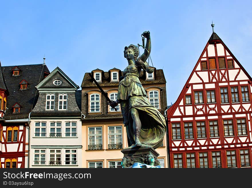 Statue of Lady Justice in front of the Romer in Frankfurt - Germany