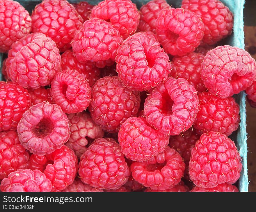 Box of lots of fresh raspberries