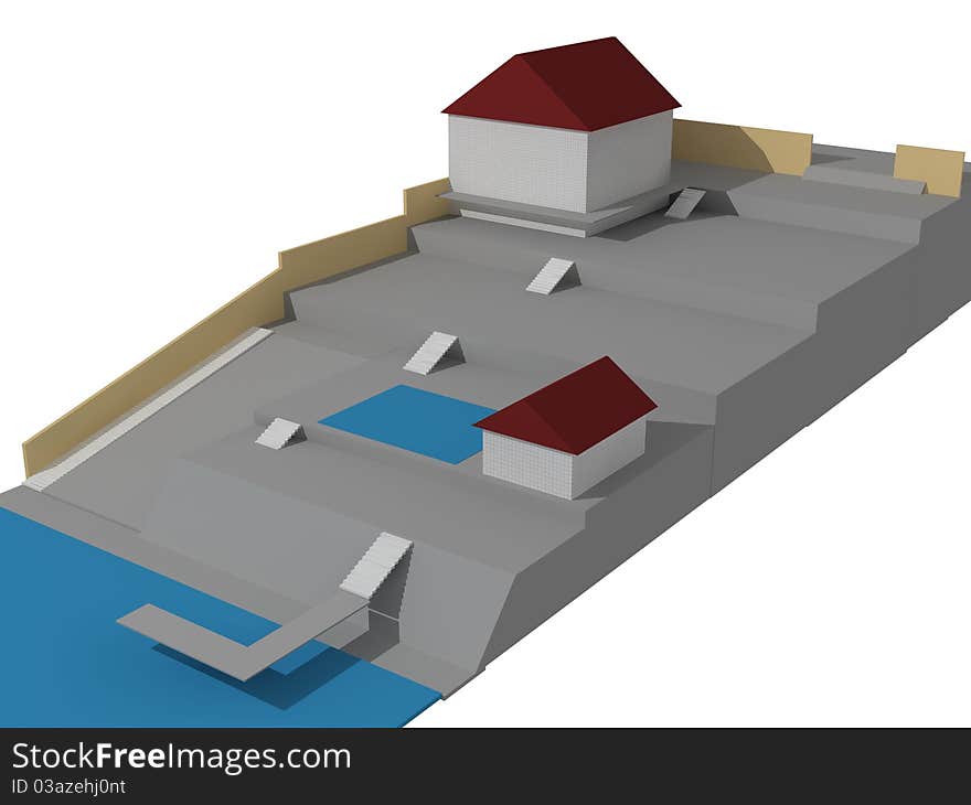 The house 3D image on a background the plan. The house 3D image on a background the plan