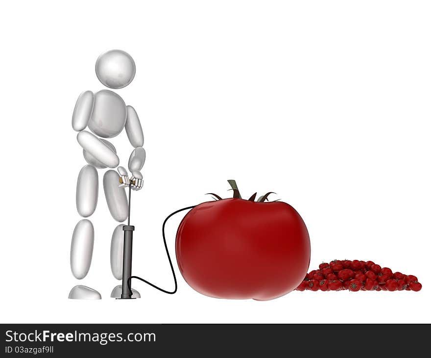 Character pumps full a tomato with pesticides. Character pumps full a tomato with pesticides