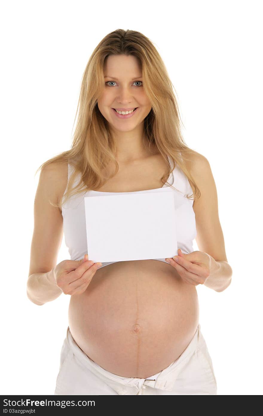 Happy pregnant woman with a blank form is isolated on a white