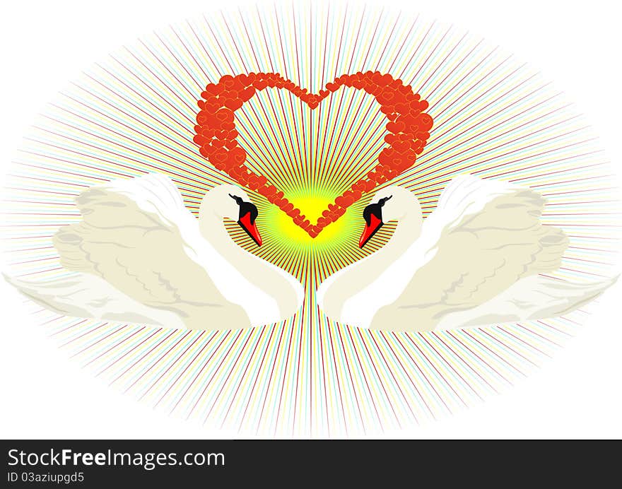 Abstract heart of many hearts, and two white swans. Abstract heart of many hearts, and two white swans