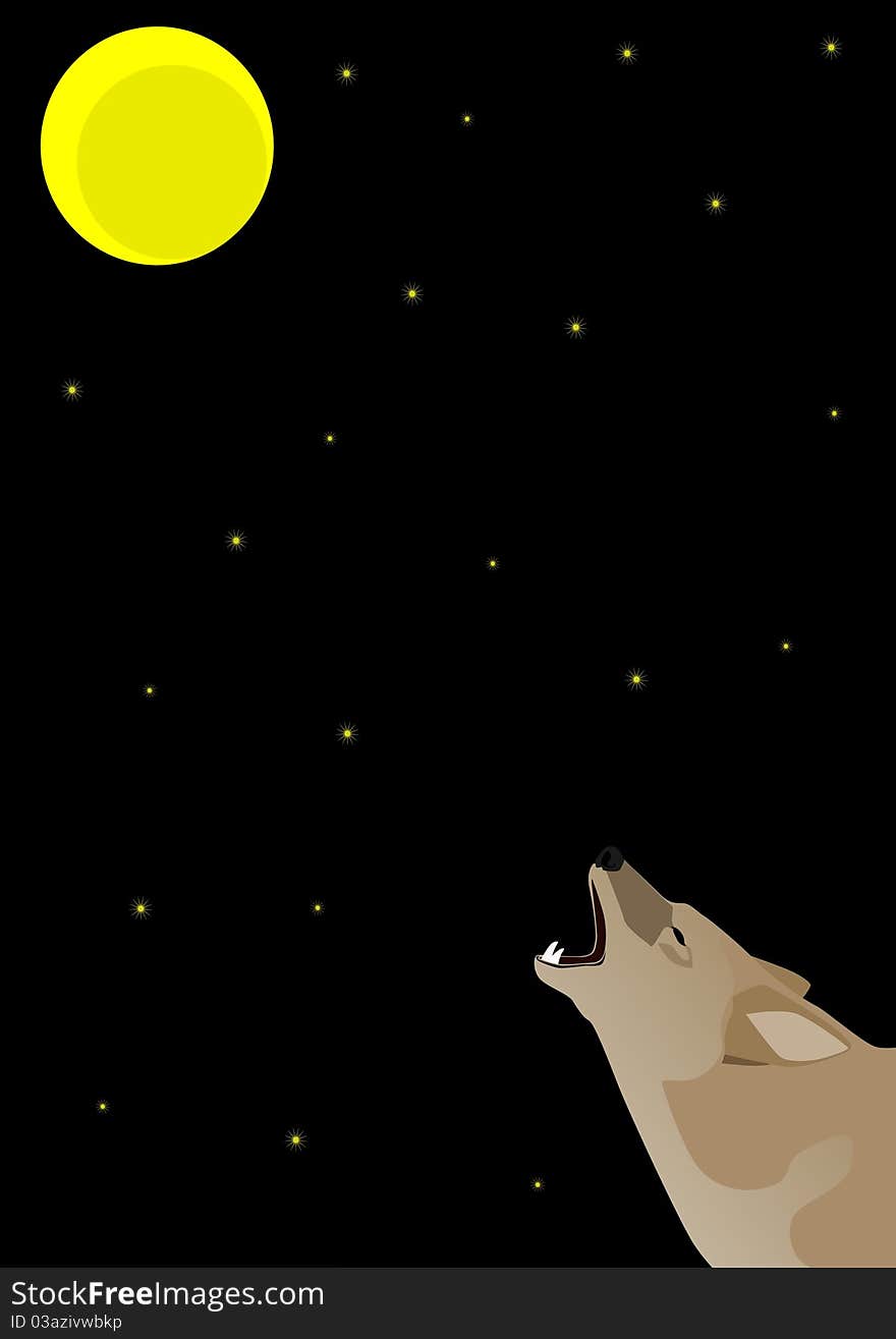 Night starry sky and moon. Wolf howling at the moon