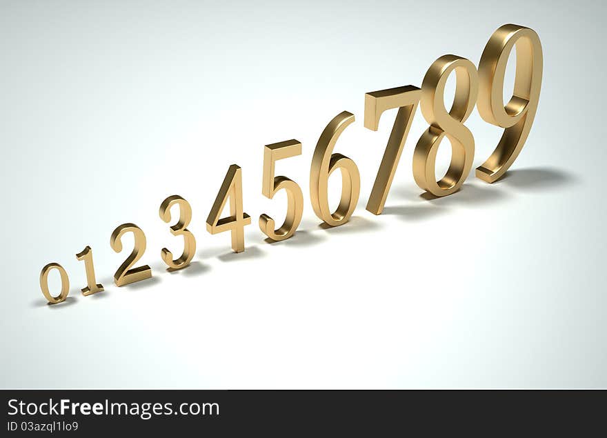 Golden numbers arranged in order - 3d render illustration. Golden numbers arranged in order - 3d render illustration