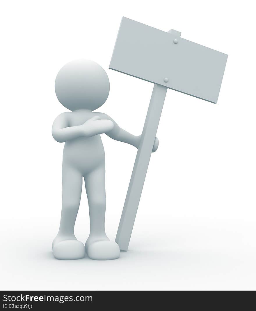 3d cartoon man with blank board sign - 3d render illustration