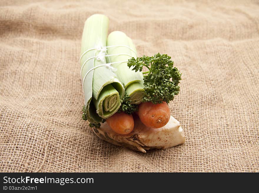 Soup vegetable on potato bag