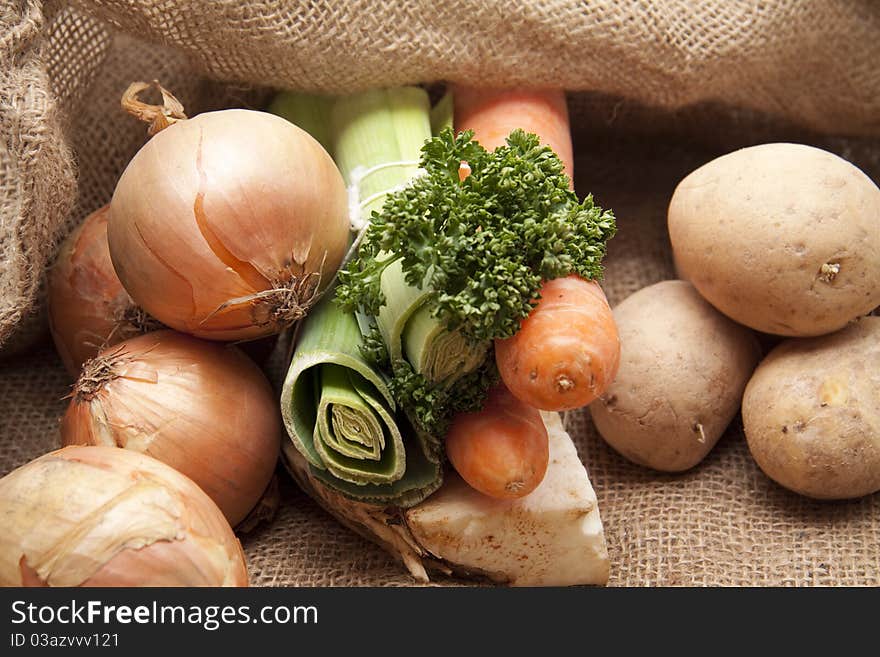 Soup vegetables on potato bag