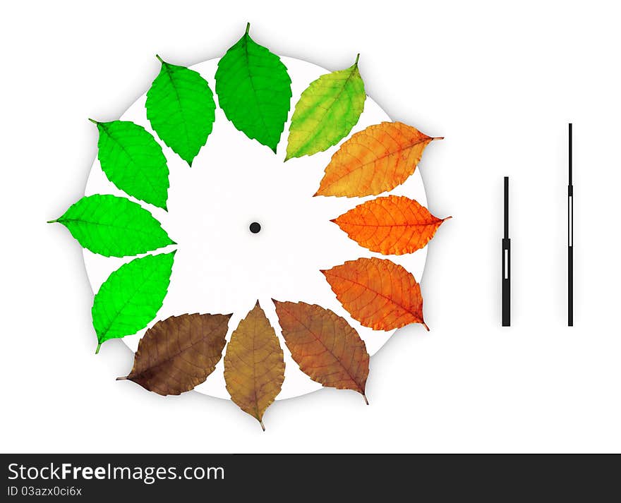 Clock with leaves instead of numbers on white background. Clock with leaves instead of numbers on white background