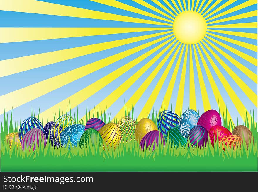 Easter card, eggs on grass at sunny day. Easter card, eggs on grass at sunny day