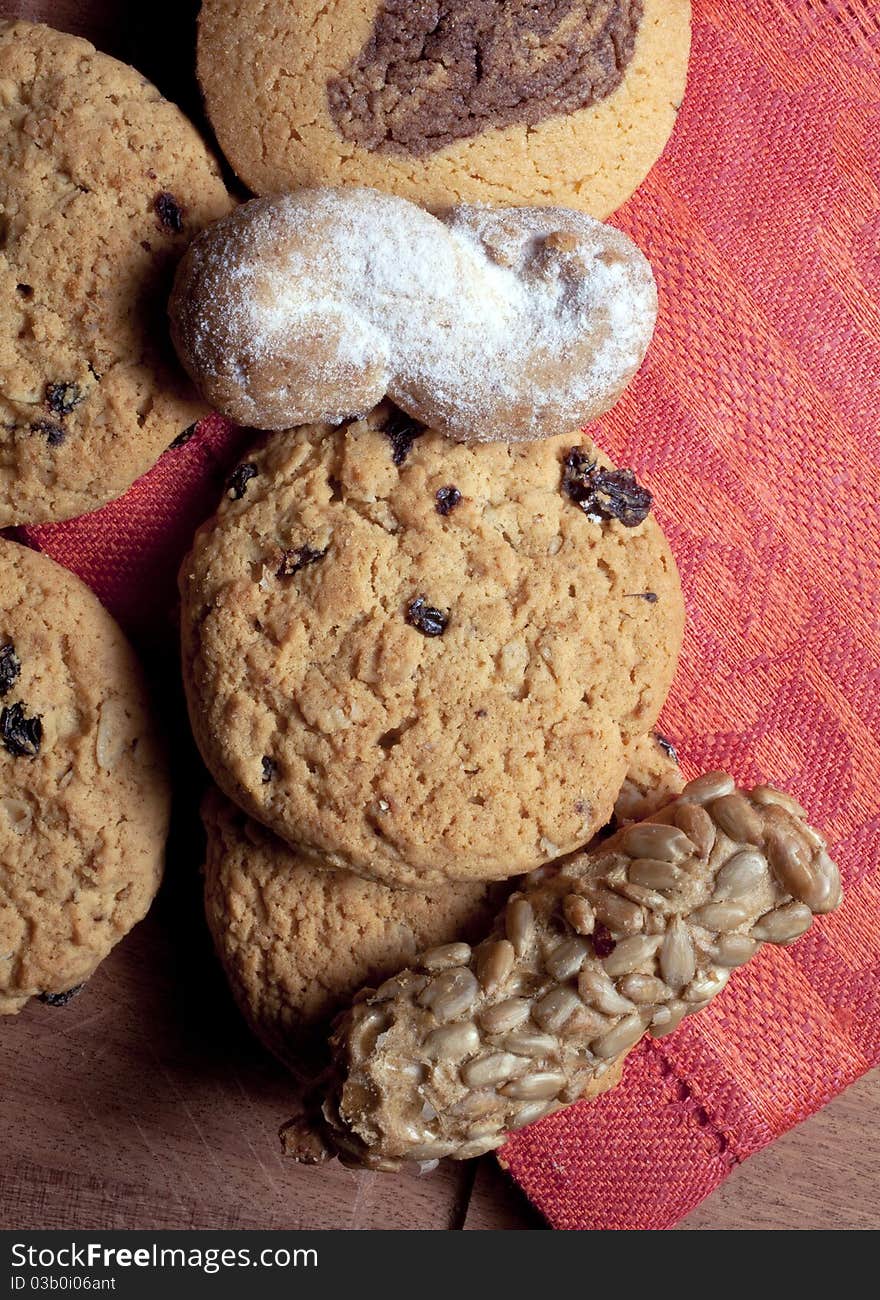 Cookies on red fabric background