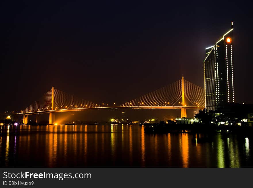 Suspension bridge across the Chao Phraya River, Bangkok, Thailand.