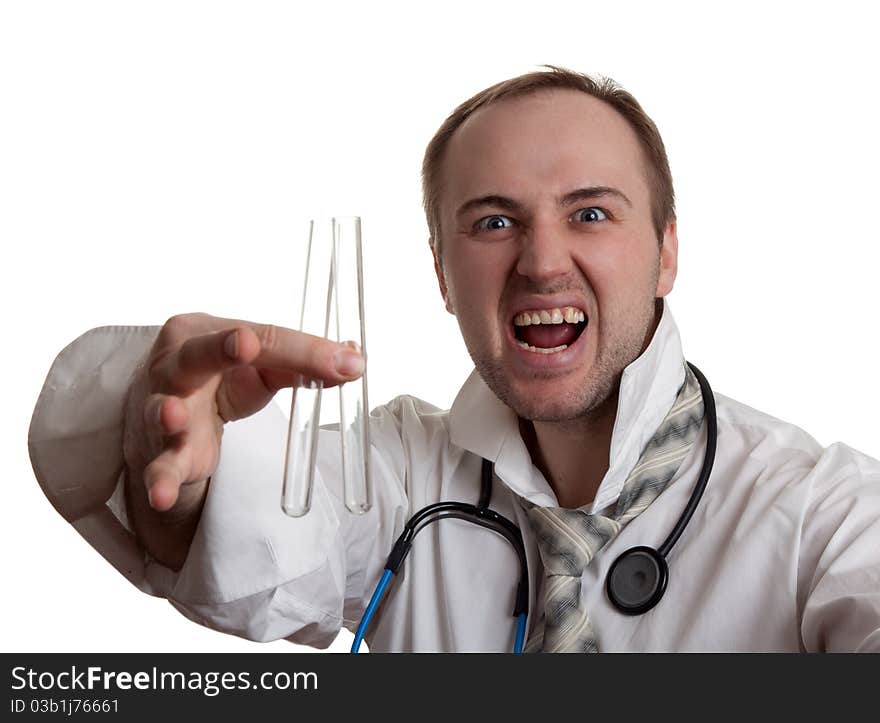 Mad doctor is holding two test tubes on a white background