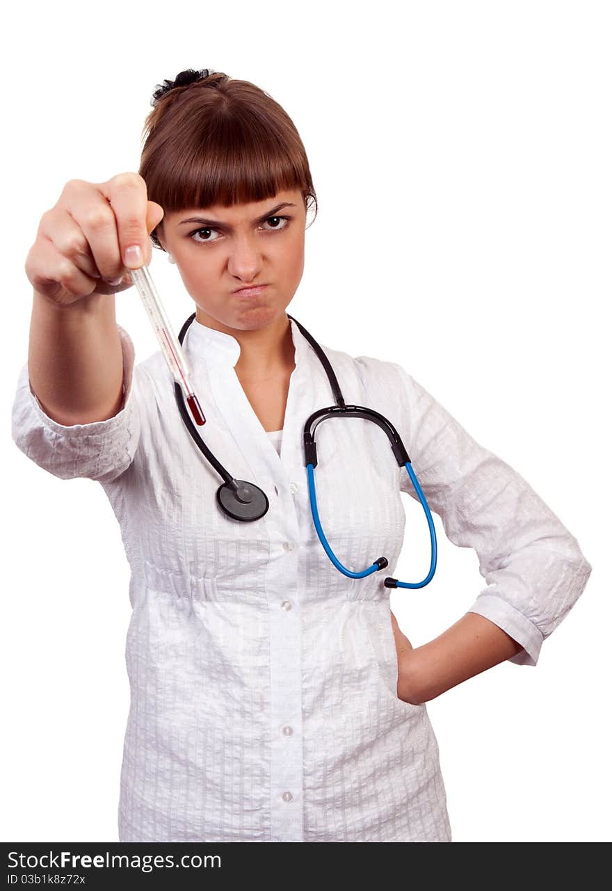 Beautiful young woman doctor with a thermometer isolated on white background