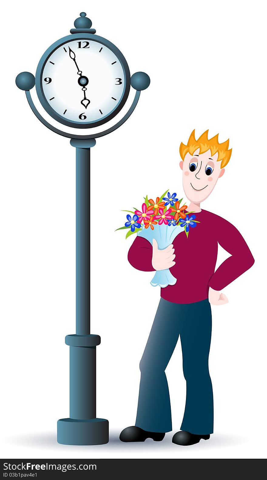 The boy with a bouquet waits near to clock. Vector cartoon illustration. The boy with a bouquet waits near to clock. Vector cartoon illustration..