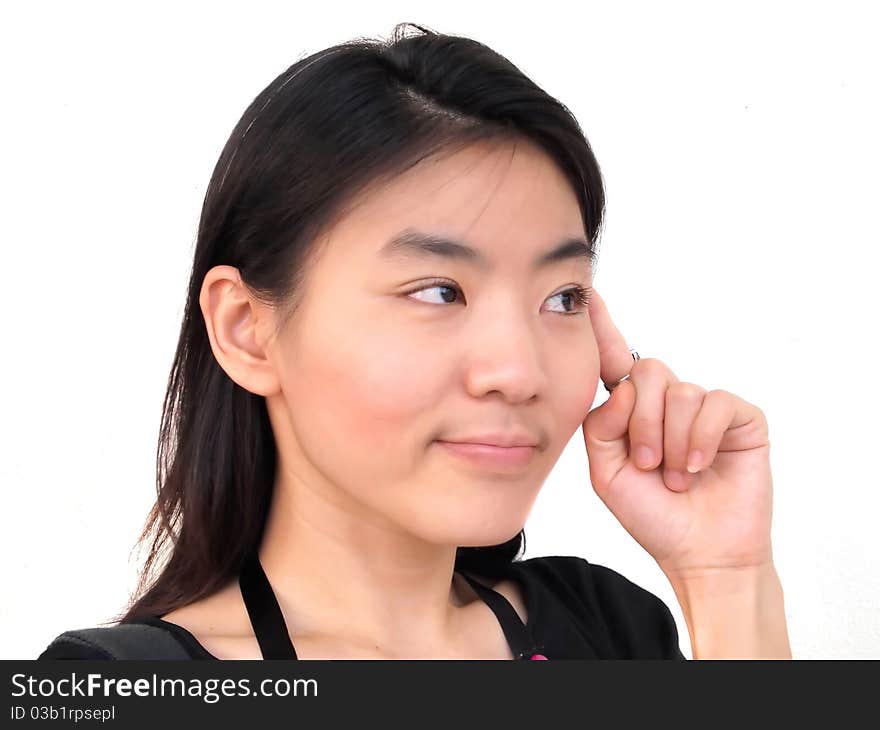 Attractive young beautiful woman have an idea , closeup portrait on white background.