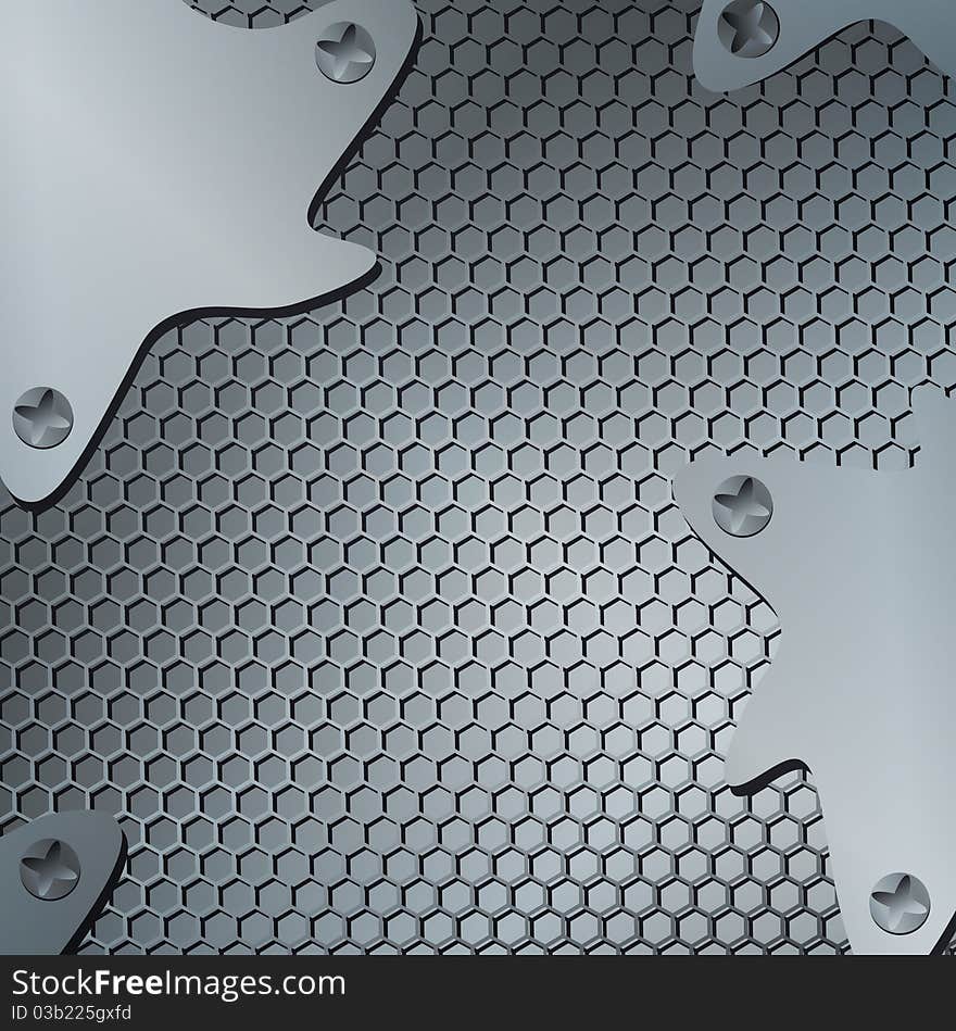 Tech or industrial abstract grid background with metal shapes