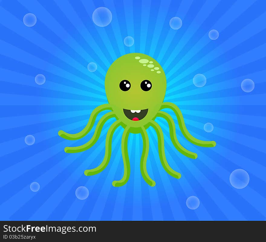 Green octopus on a blue, like water, striped background with bubbles.